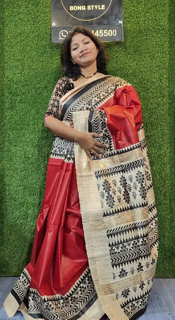 Silk Mark Certificate Tussar Ghicha Block Print SareeTussar Ghicha Block Print Saree