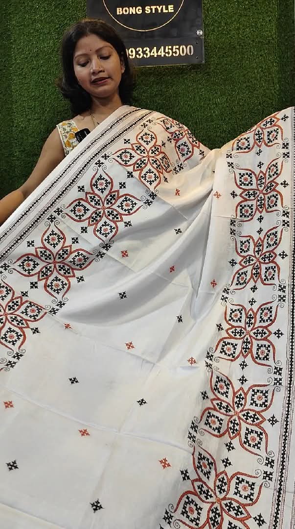 Hand Stitched Gujrati work on Blended bangalore silk SareeGujrati Stitched Saree