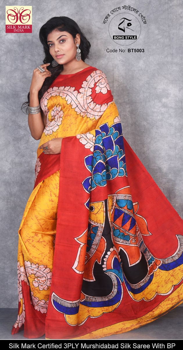 Yellow Color Red Hand Drawing Exclusive Quality Pure Silk Hand paint Saree