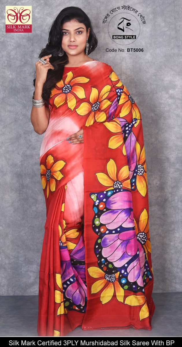 Red Yellow Butterfly Design Silk Mark Quality Pure Silk Hand paint Saree