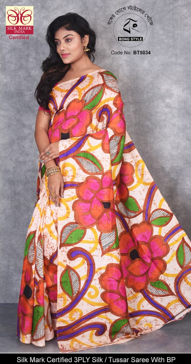 Exclusive Flower Hand Drawing Saree Silk Mark Quality Pure Silk Hand and Block Print Saree
