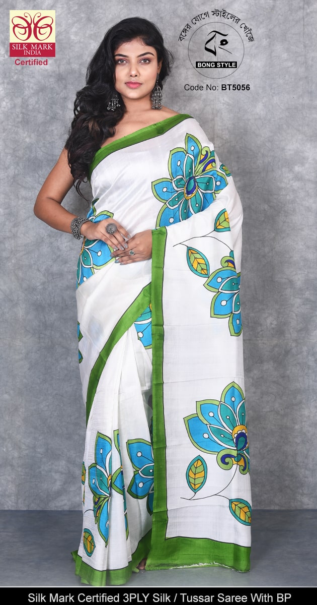 White Green Blue Design Hand Drawing Pure Silk Hand and Block Print Saree