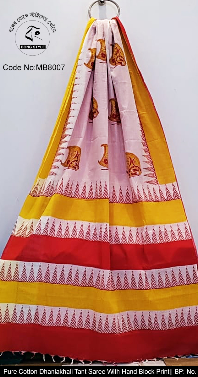 Uniwue Yellow red Color temple design Hand Block Print on Dhaniakhali Tant Saree No BP