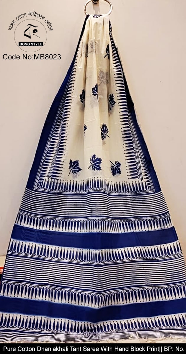White and Blue Uncommon Block Print on Dhaniakhali Tant Saree No BP