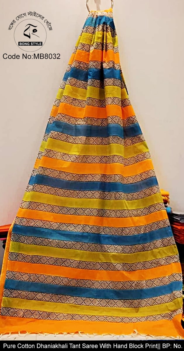 Orange Blue Yellow and Black Color Dhaniakhali Handloom Tant Block Print Saree No BP