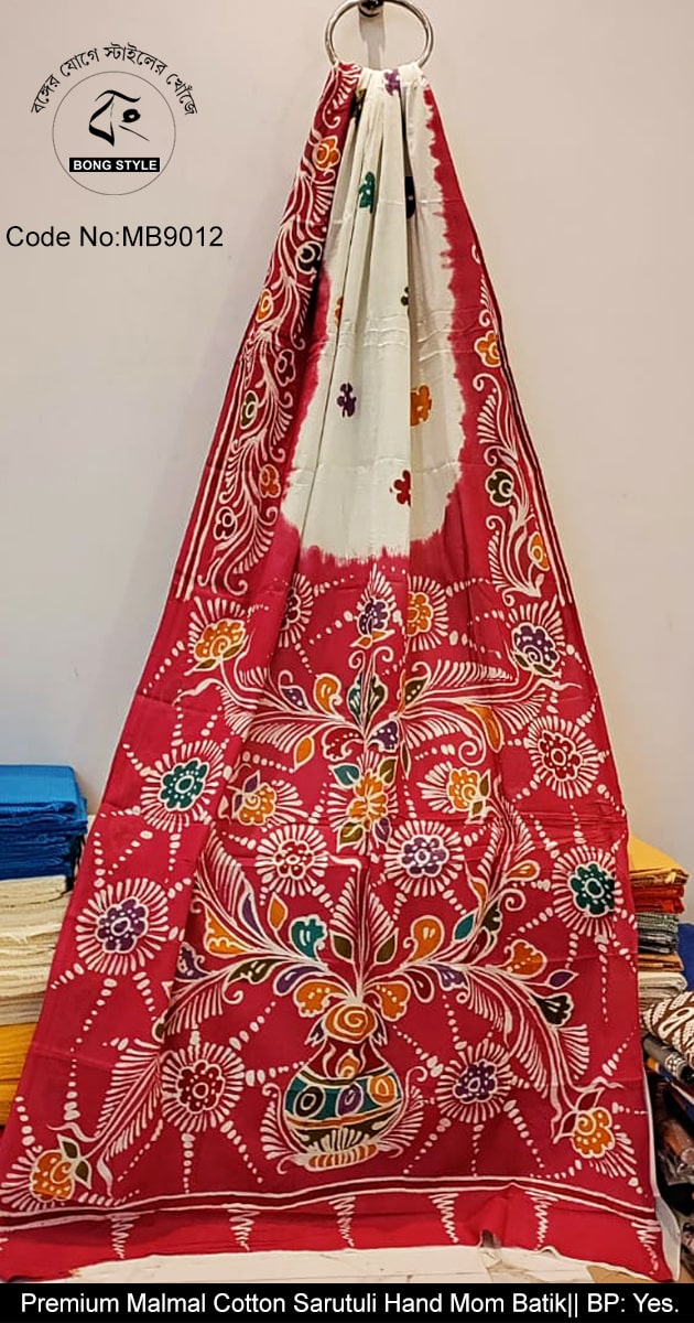 Red and White Kolka Design Mom Batik Work Exclusive Quality Malmal Cotton Sarutuli Mom Batik