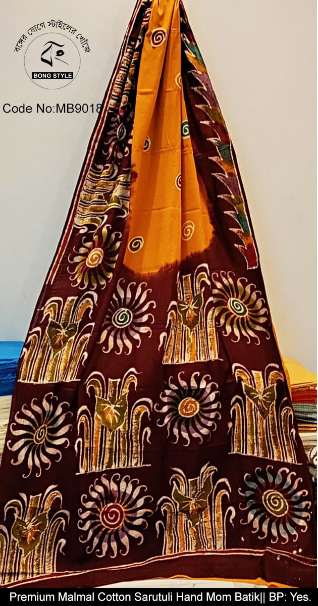 Golden Yellow Body with exclusive mom batik work Exclusive Quality Malmal Cotton Sarutuli Mom Batik