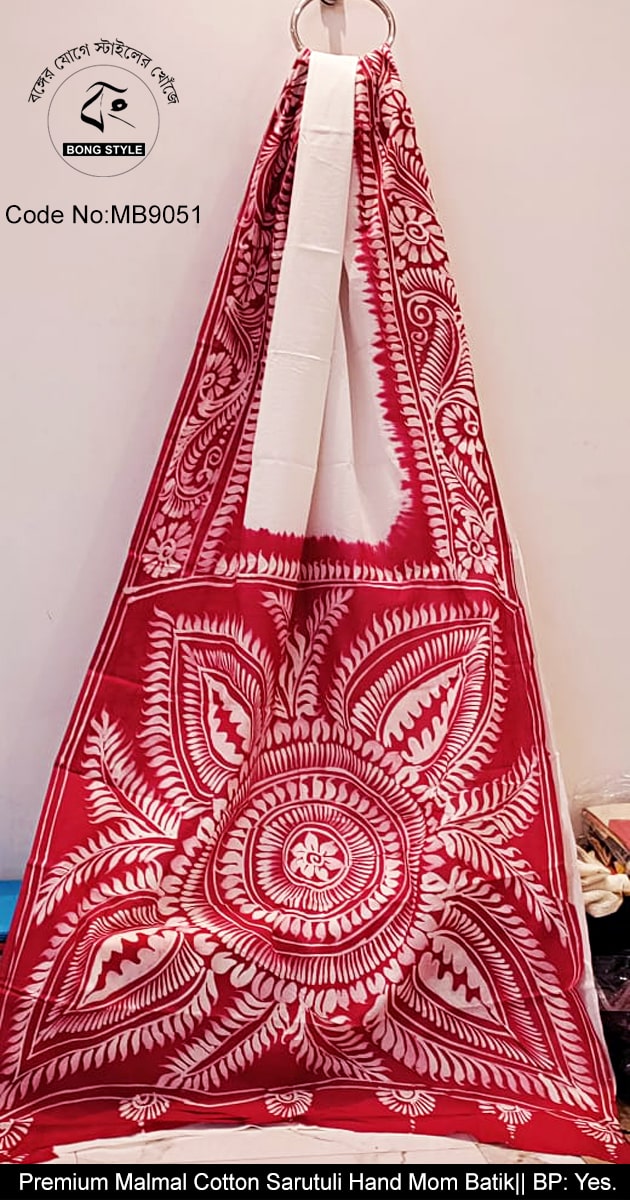 Red and White Exclusive Design batik Work Pure Cotton Malmal Sarutuli Mom Batik