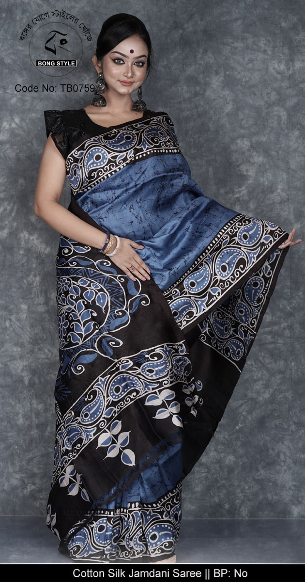 Blue and Black color Silk Mark Certified Mom Batik Murshidabad Silk