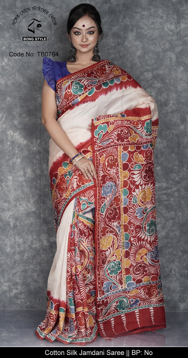 Red and White Color Work Silk Mark Certified Sarutuli Batik Murshidabad Silk