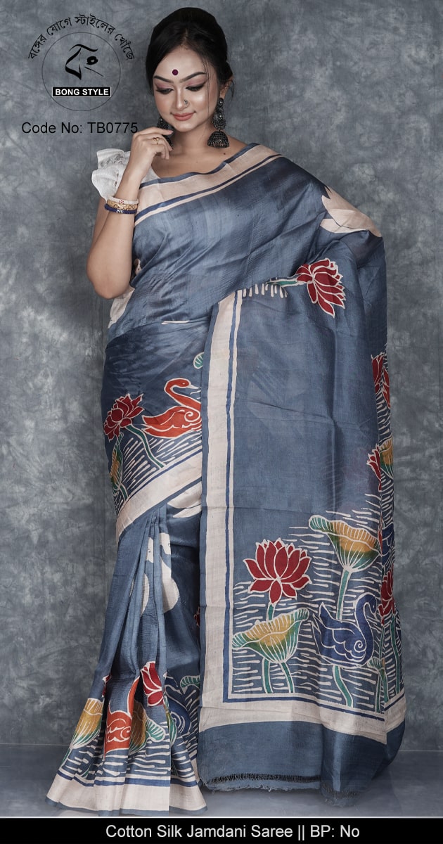Ash Body and Multi Color batik Work ilk Mark Certified Sarutuli Batik Murshidabad 3PLY Silk