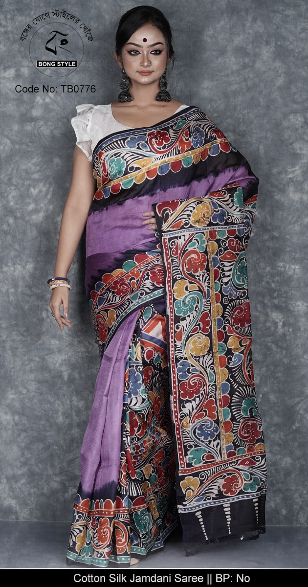 violet color and Multi color Alpona Work Silk Mark Certified Mom Batik Murshidabad Silk with Blouse Pcs