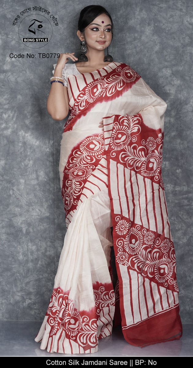 Exclusive Red and White Mom Batik Work Silk Mark Certified Mom Batik Murshidabad Silk with Blouse Pcs