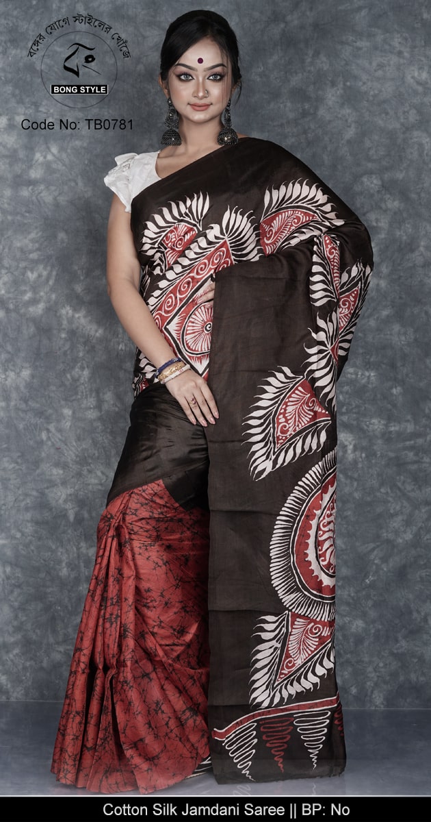 Maroon Dark brown colour combination Work Silk Mark Certified Mom Batik Murshidabad Silk with Blouse Pcs