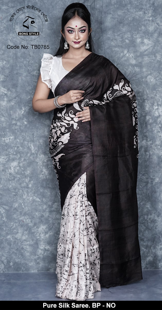 Black and White Full Batik Work Silk Mark Certified Mom Batik Murshidabad Silk with Blouse Pcs