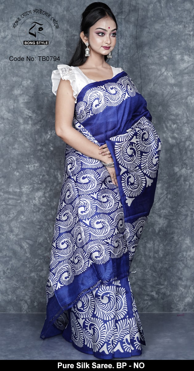 Royal Blue with White Sarutuli Work Silk Mark Certified Mom Batik Murshidabad Silk with Blouse Pcs