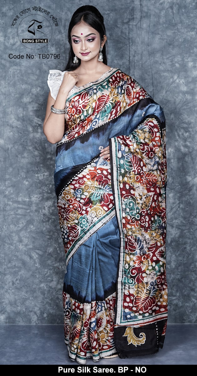 Ash and Multi color mom batik work Silk Mark Certified Mom Batik Murshidabad Silk with Blouse Pcs
