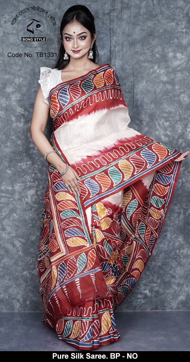 White and Red Exclusive Sarutuli BAtik Work Silk Mark Certified Mom Batik Murshidabad Silk with Blouse Pcs