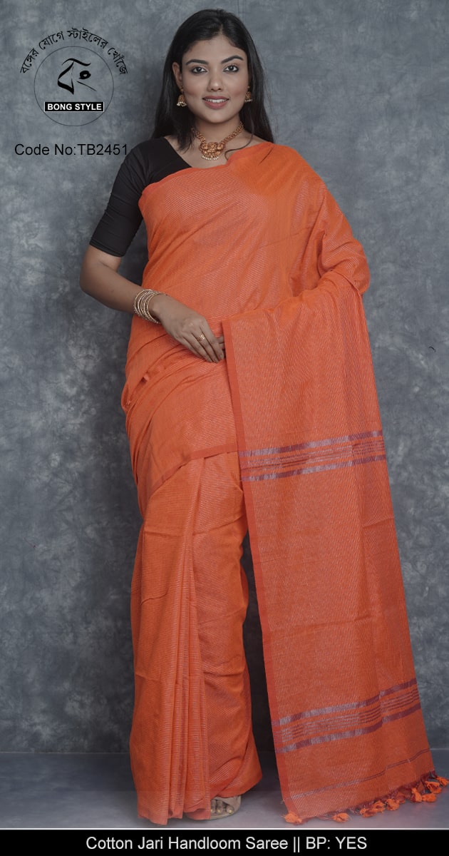 Orange Color Khadi Cotton Zori Striped Flat Color Sari