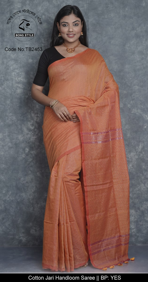 Yollow Orange Color Khadi Cotton Zori Striped Flat Color Sari
