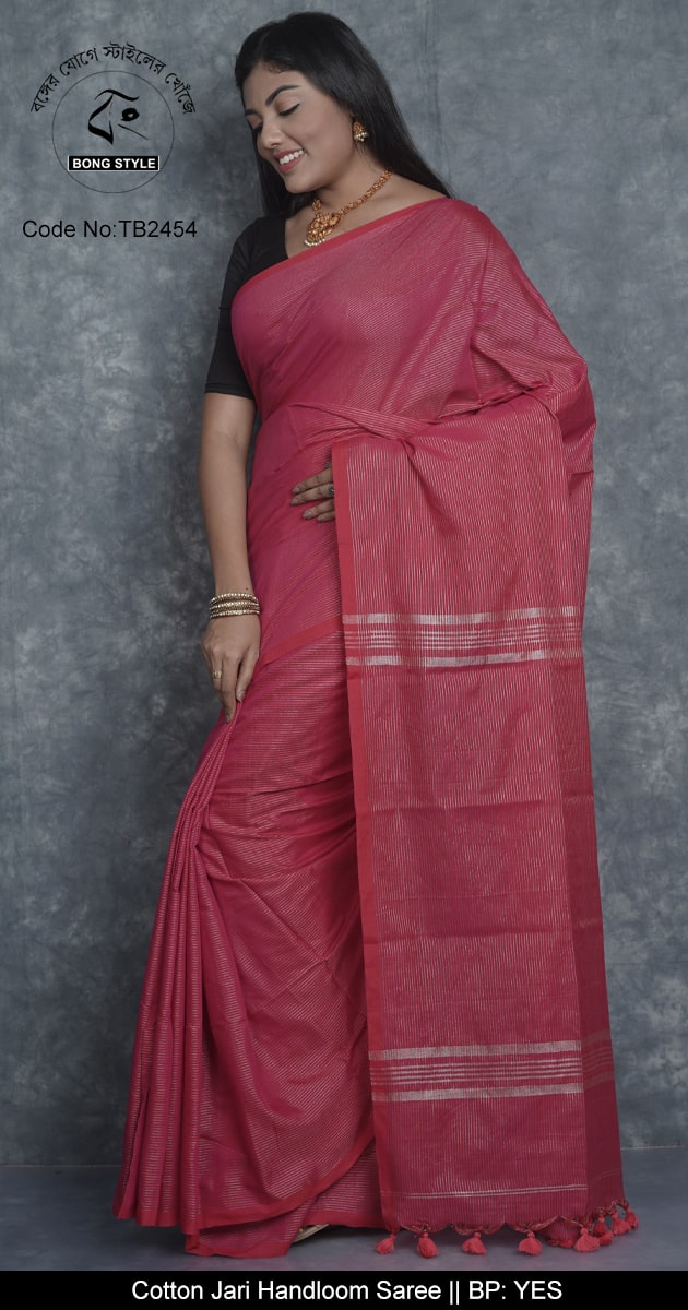 Rani Pink Color Khadi Cotton Zori Striped Flat Color Sari