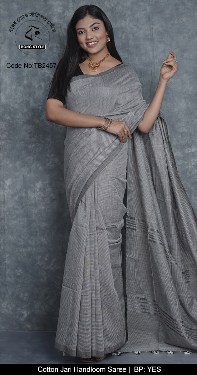 Ash Color Khadi Cotton Zori Striped Flat Color Sari