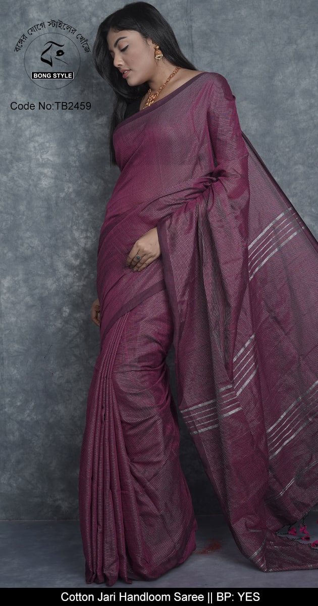 Magenta colour Khadi Cotton Zori Striped Flat Color Sari