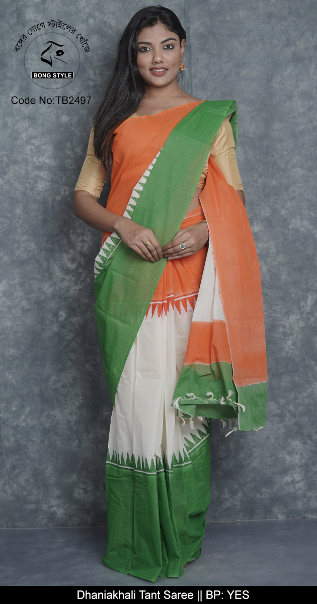 Green Orange and White Uncommon Tiranga theme sari for Republic Day