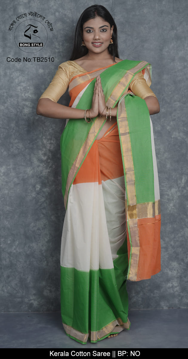 White and  Green Orange Uncommon Tiranga theme saree for Republic Day