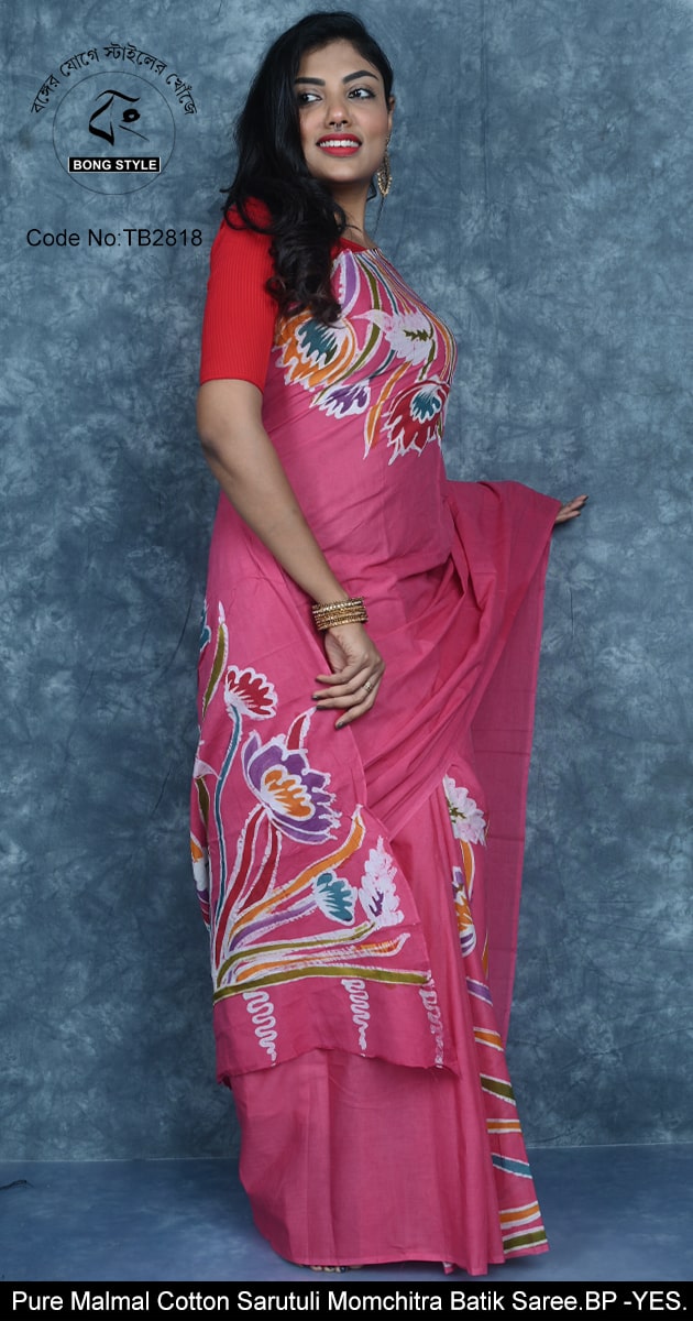 Light Pink Body Flower Design Best Quality Malmal Cotton Sarutuli Mom Hand Batik