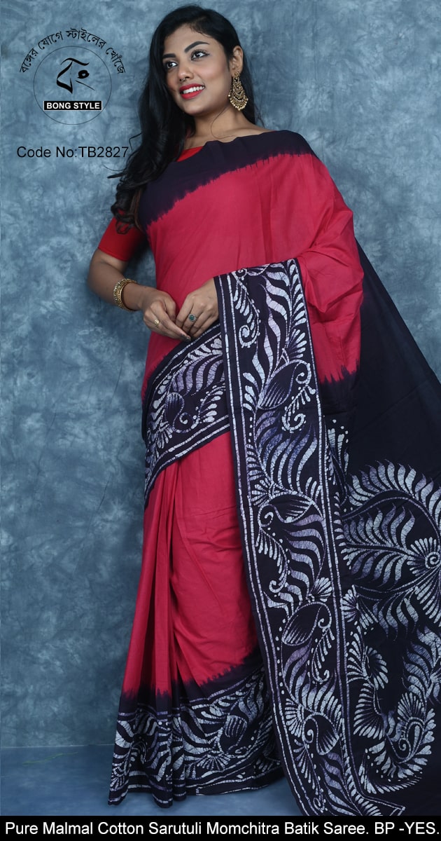 Rani Black Alpana Design in Aachal Premium Quality Malmal Cotton Sarutuli Mom Hand Batik