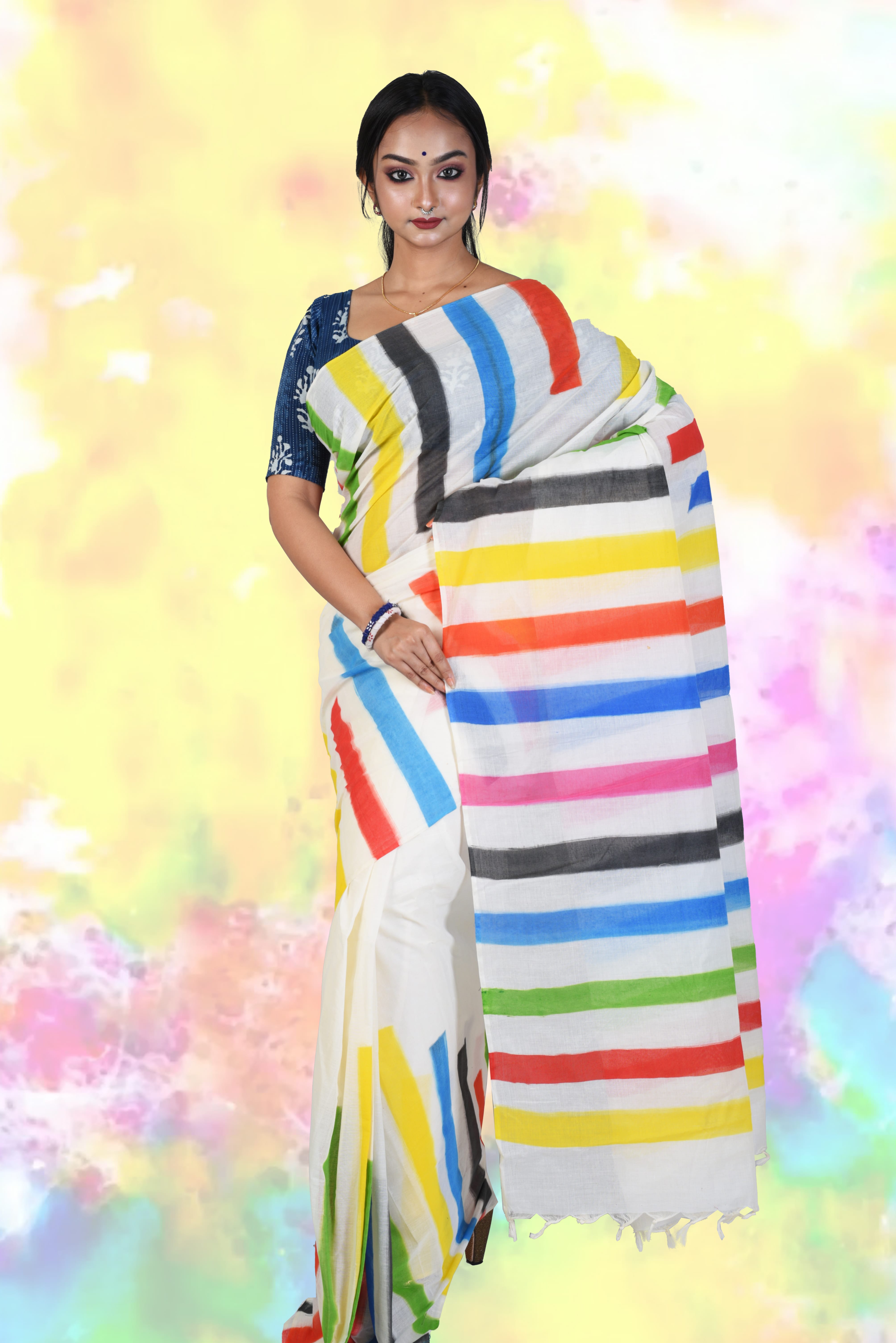 Multi Colour Pure Cotton Dhaniakhali Tant Saree Hand Drawing Saree