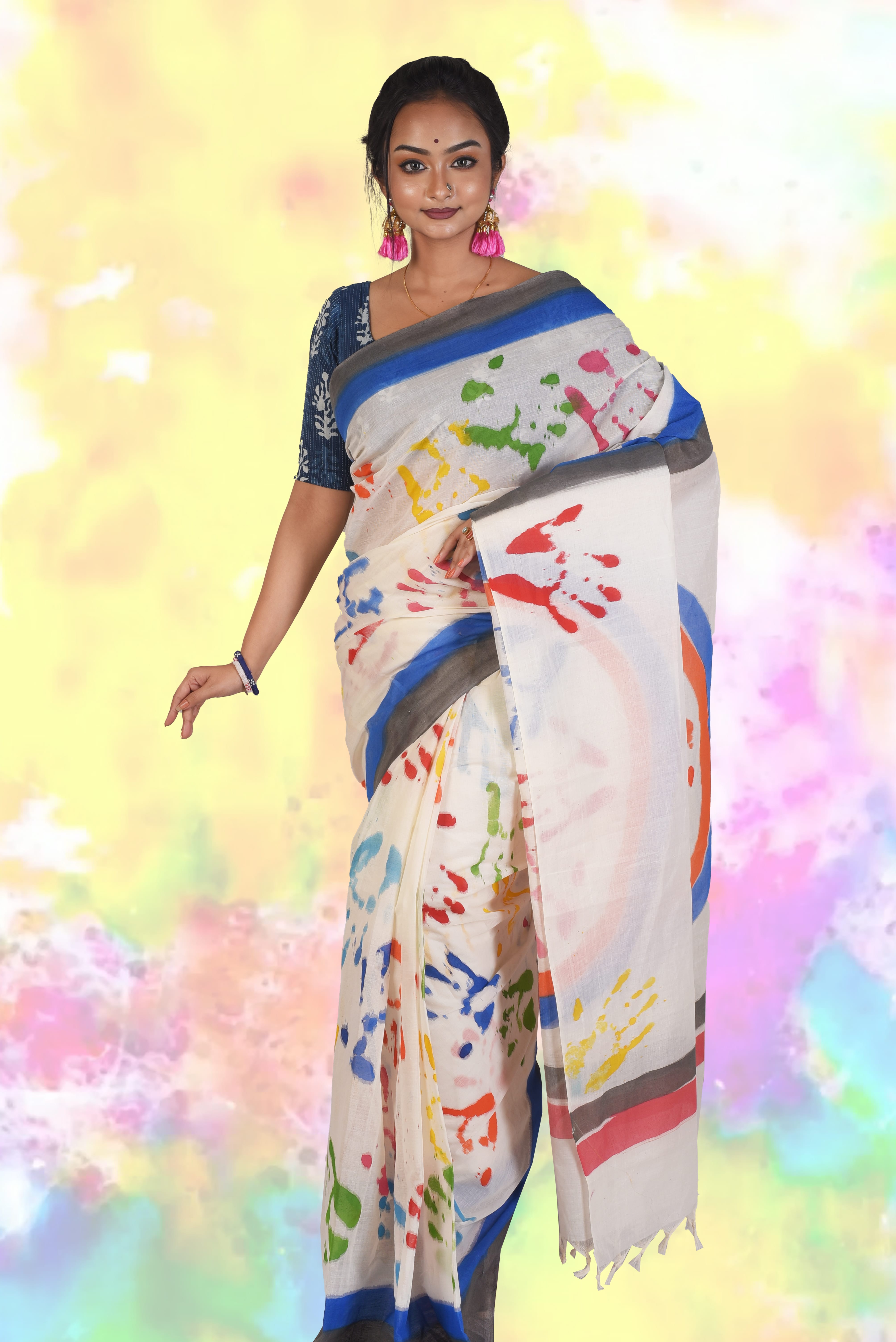 White and Multi Color Pure Cotton Dhaniakhali Tant Saree Hand Drawing Saree
