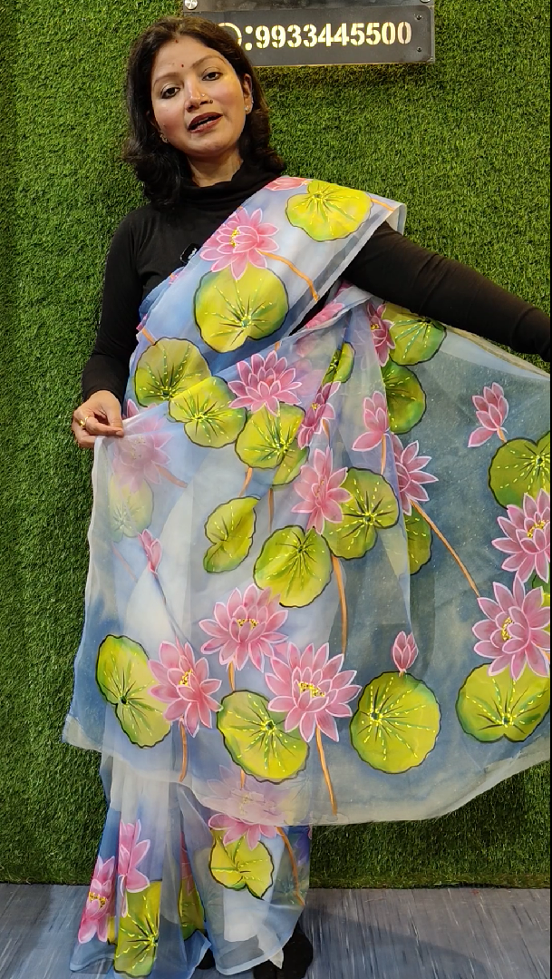 Premium Soft Semi Organza Saree with Hand PaintingSoft Semi Organza Saree